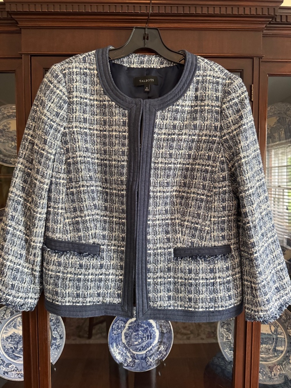 Talbots Navy and White Tweed Collarless Jacket